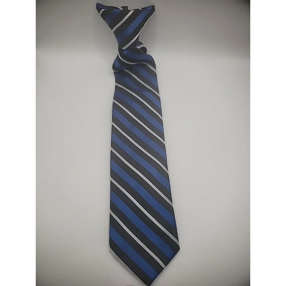 Unbranded Boys Clip On Tie Blue White Black Striped Shirt Suit